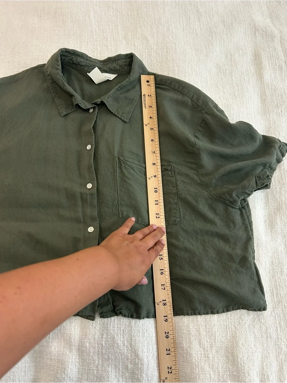 H&M Womens L Olive Green Linen Blend Boxy Cropped Button Down Shirt